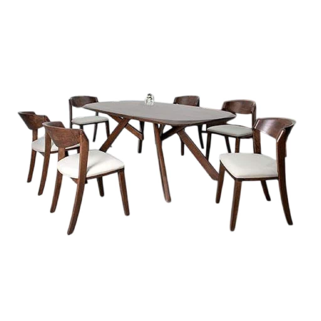 Ziva 7pc Dining Table Set, 6 Ivory Chairs, 3D Edge Brown Solid Wood