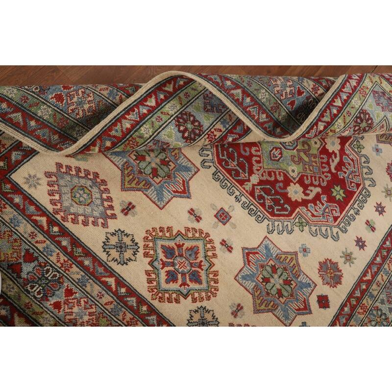 Geometric Beige Kazak Area Rug Handmade Wool Carpet - 5'1" x 6'4"