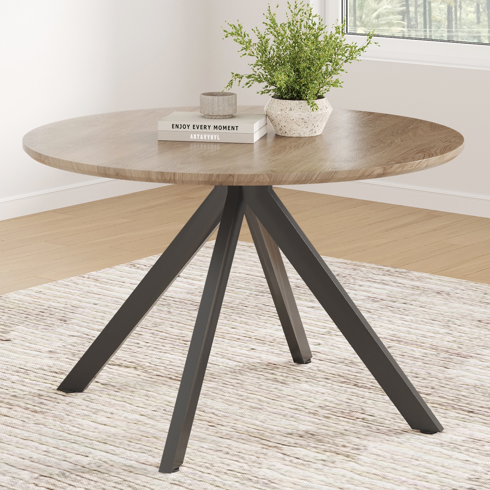47.2" Solid Wood Round Dining Kitchen Table for 4-6 People with Intersecting Pedestal Base