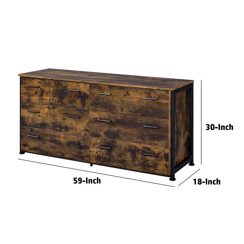 Nat 59 Inch Rustic Wood Dresser, 6 Drawers, Brown and Black