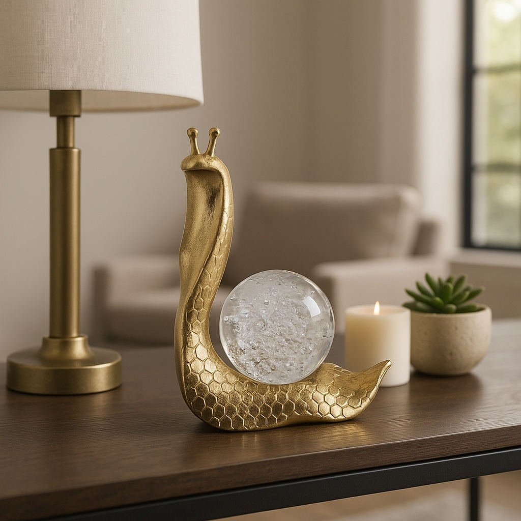 Charming Snail Figurine Sculpture - Glass Orb Shell - 8", Gold - 7.5"
