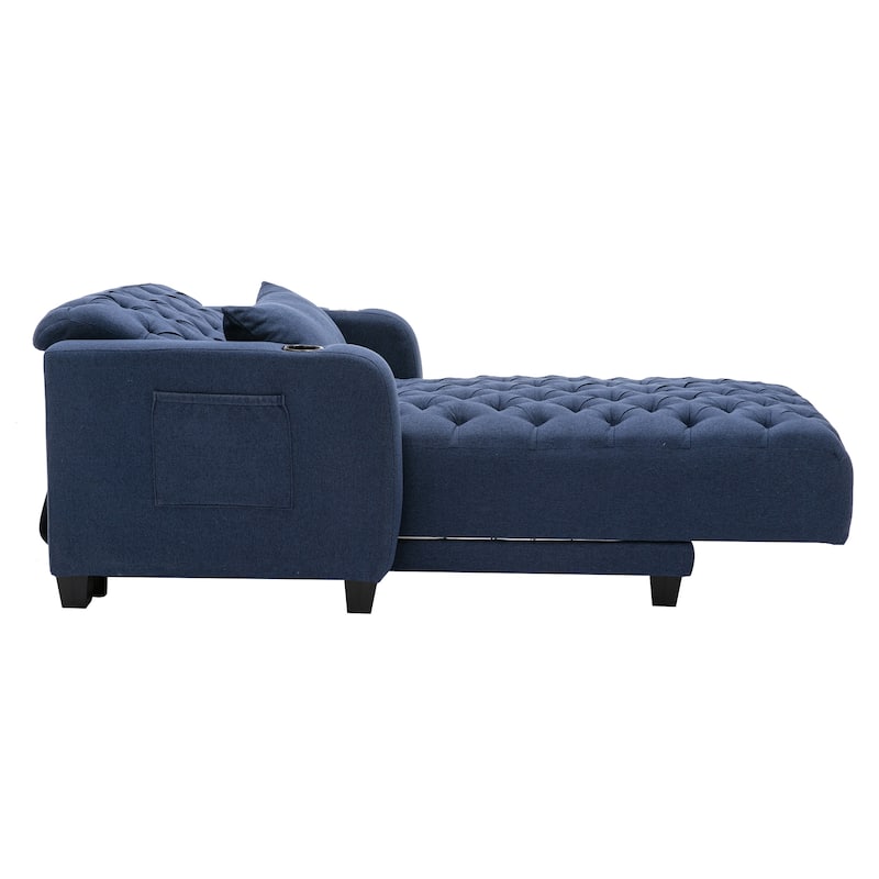 Linen Upholstered Multifunctional Tufted Wireless Charging Leisure Sleeper Armchair with 2 Cup Holders