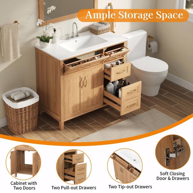 36 Inch Bathroom Vanity with Ceramic Sink, Modern Wood Grain Cabinet with Solid Rubberwood Legs, Soft-Close Doors & 4 Drawers