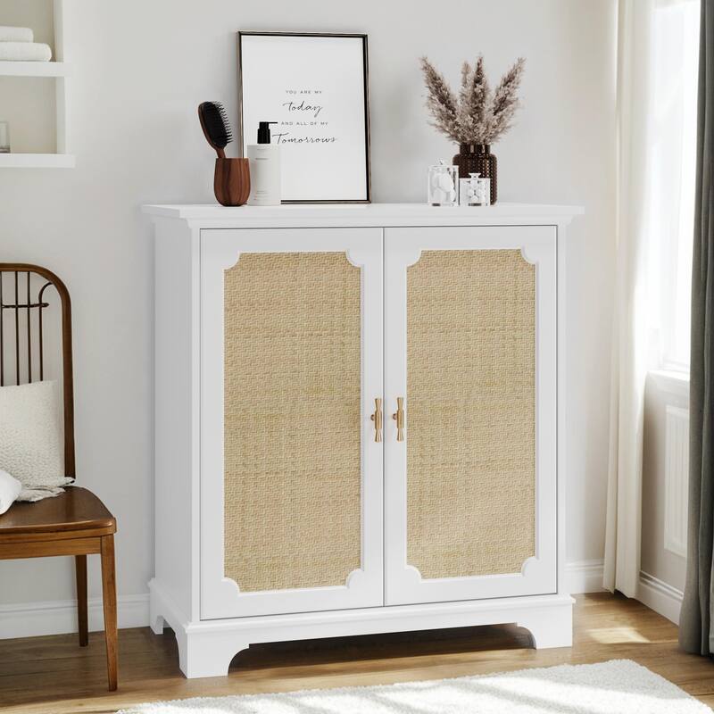 Roomfitters Coastal Storage Cabinet with Rattan Decorated Doors, Boho Sideboard Organizer with Adjustable Shelf, White
