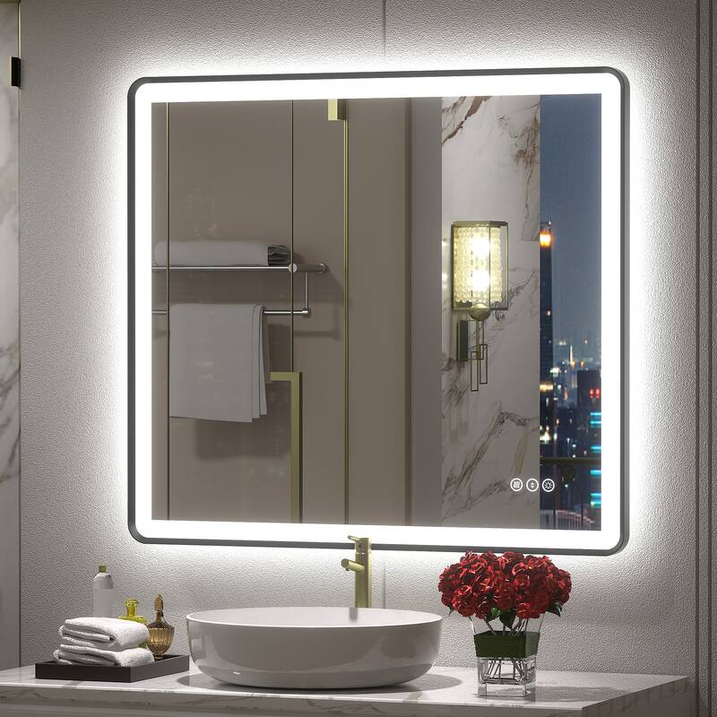 UL Certified Front & Back LED Anti-Fog Tempered Glass Framed Bathroom/Vanity Mirror 3-Year Warranty - 36" x 30"-Rounded Corner - Black