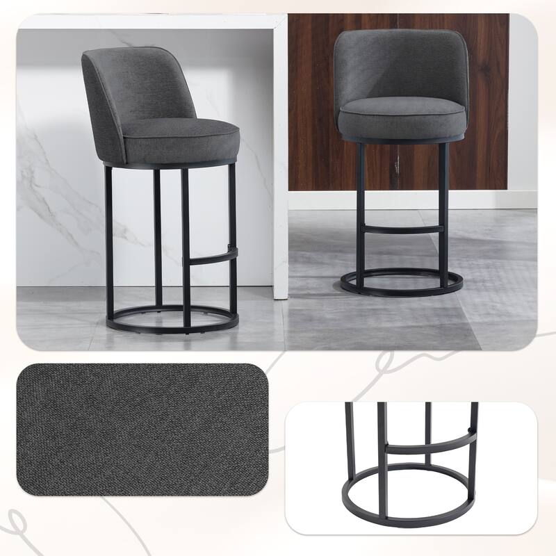Set of 2 Modern Barrel Counter Stools with Backrest, Linen Upholstered Bar Stools for Kitchen Island