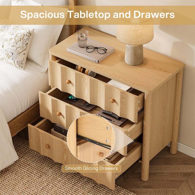 Wood Nightstand with 3 Drawers, Modern Large Night Stand