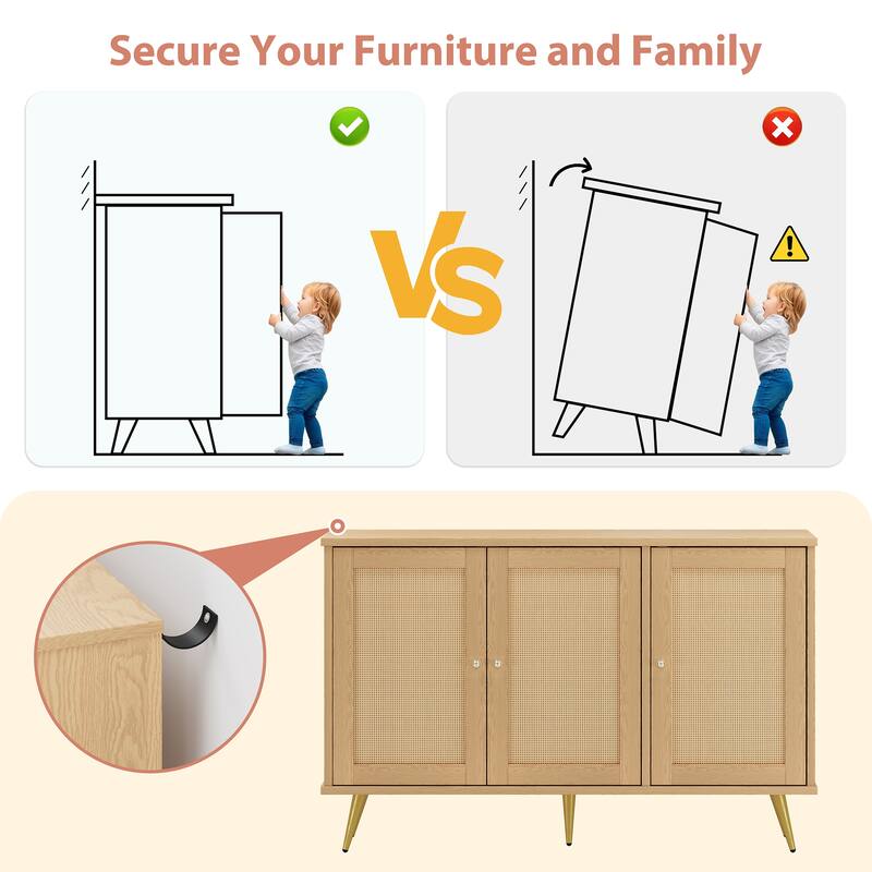 Rattan Storage Cabinet With 3 Door, Farmhouse Style Buffet Sideboard - N/A