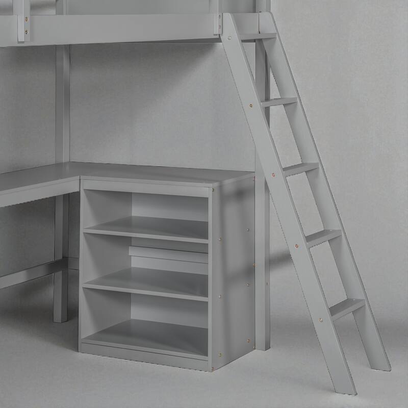 Twin Size Loft Bed with Shelves and Desk, Wooden Frame with Sturdy Ladder and Guardrails