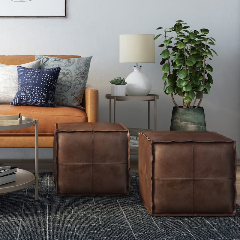 WYNDENHALL Wendal Boho Square Pouf in Faux Leather - 18"w x 18"d x 14"h - Distressed Dark Brown