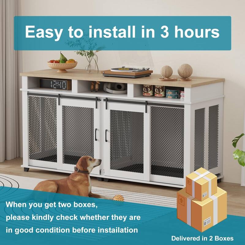 71" Extra Large Dog Crate Furniture, Wooden Double Dog Crates Kennel Cage