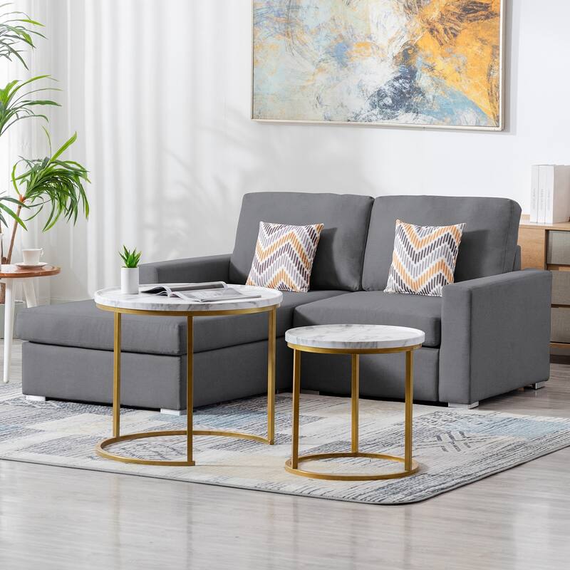 Linen Fabric 2-Seater Reversible Sofa Chaise with Pillows and Interchangeable Legs in Grey