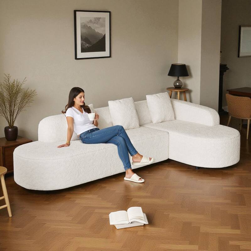 111.8" Curved L-Shaped Modular Sofa with Lychee-Textured Long-Pile Polyester Fabric and 3 Pillows for Living Room