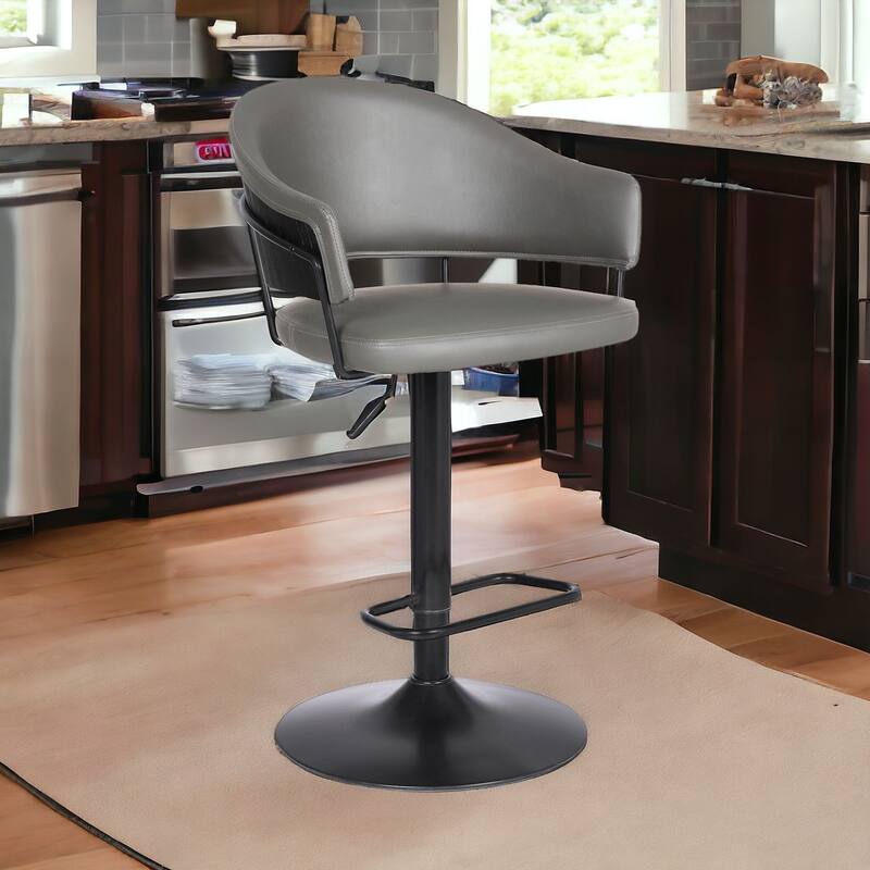 25" Grey Faux Leather Adjustable Bar Stool with 360° Swivel Metal Frame and Footrest Support - 43.5" x 21" x 22.25"