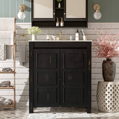 30" Rustic Bathroom Vanity with Ceramic Sink, Soft-Close Doors & Adjustable Shelf, Espresso Storage Cabinet, Modern Wood Frame