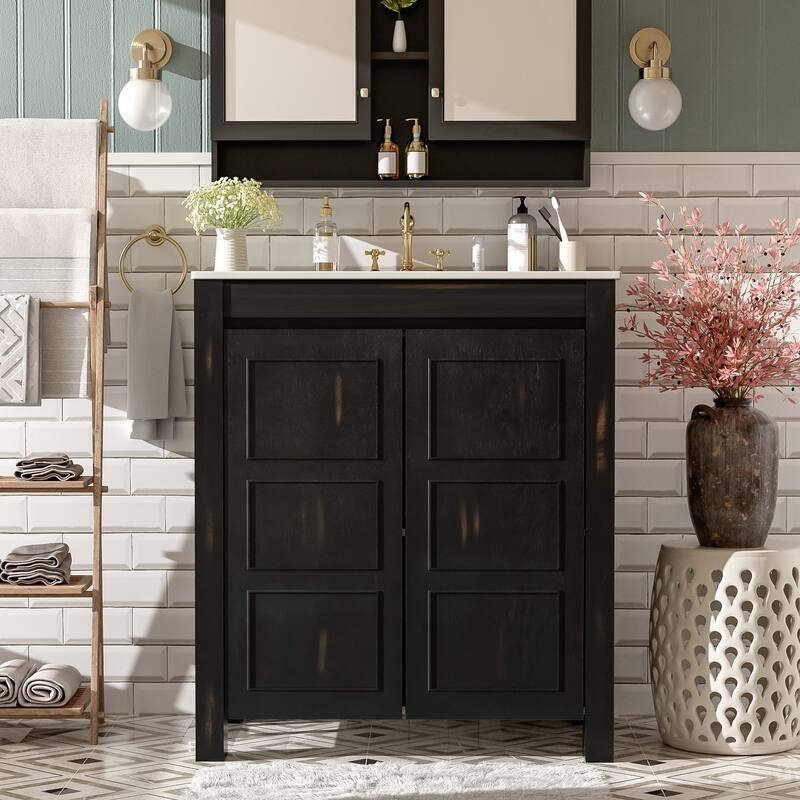 Center Rectangular Ceramic Sink Bathroom Vanity Cabinet with Adjustable Shelf, 30 Inch