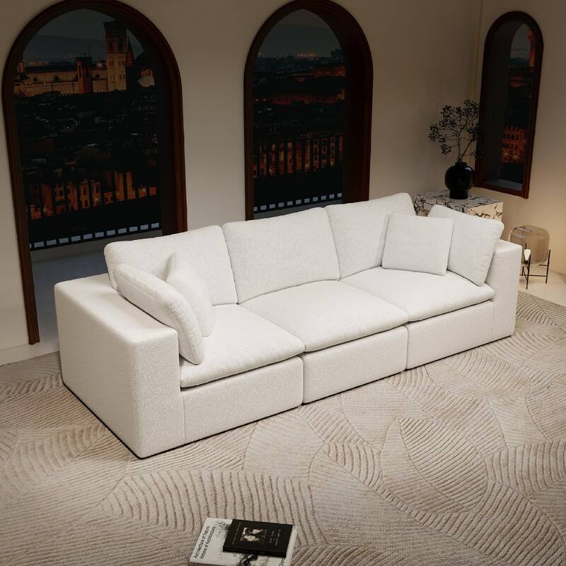 Roomfitters 108.3" Modular Sectional Sofa, 3-Piece Compressed Cloud Couch, No Assembly Required, Plush Corduroy, White