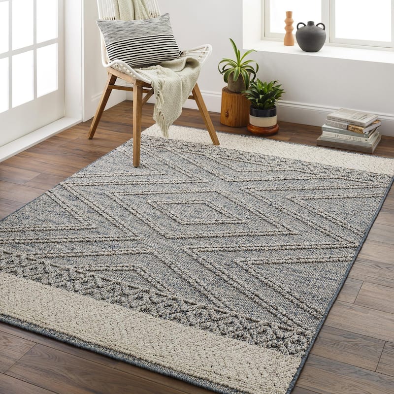 Livabliss Sarasota Scandinavian Diamond Indoor / OutdoorArea Rug - 5' x 7' - Blue/Tan