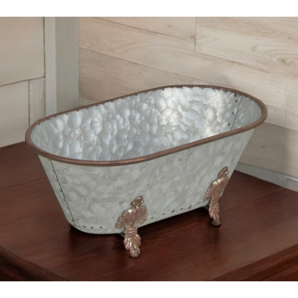 HomeRoots 5" Gray Metal Hand Painted Decorative Tub Tabletop Sculpture - 12' X '5' X '6.5