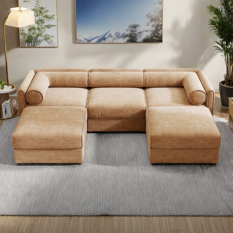 109" U-Shaped 3-Seater Chenille Sofa with Ottoman and Hidden Storage(Cylindrical Backrest Design)