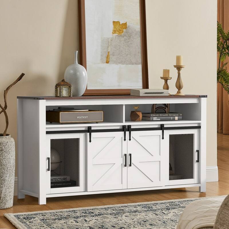 Farmhouse 59.3" Sideboard Buffet with Sliding Barn Doors and Open Storage for Living or Dining Spaces