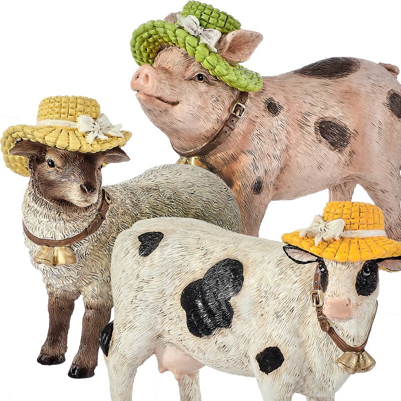 6.5" Resin Country Pig, Sheep, and Cow With Bonnet Set of 3
