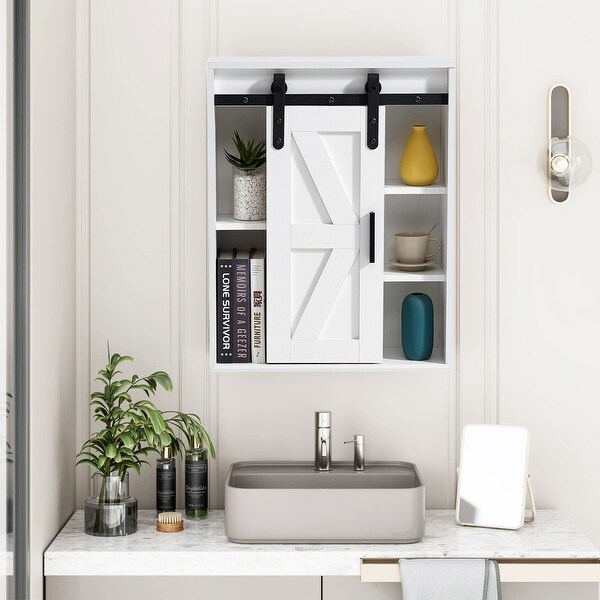 Rustic Wooden Wall Mounted Storage Cabinet with Sliding Barn Door 27.6 H White