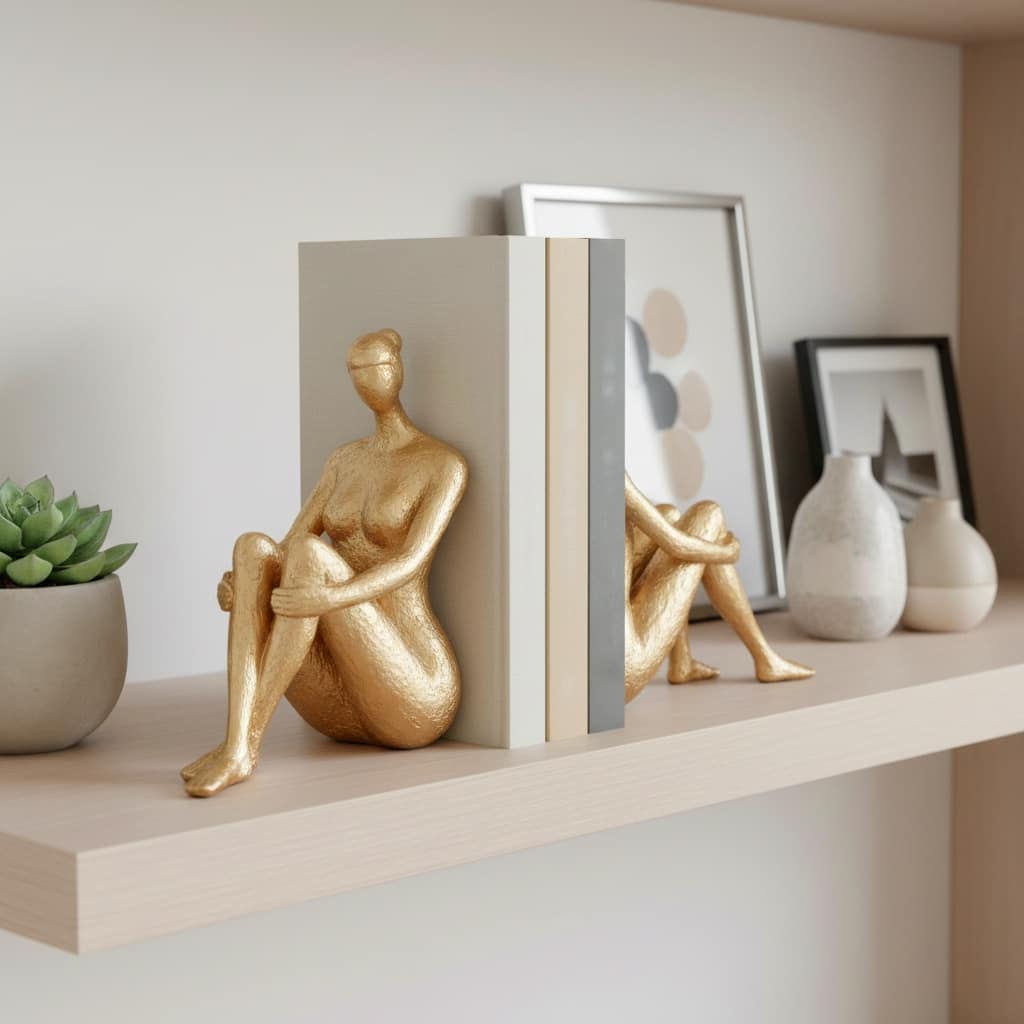 Modern Graceful Seated Lady Figurine Bookends - Set of 2, 8", Gold - 8.0"