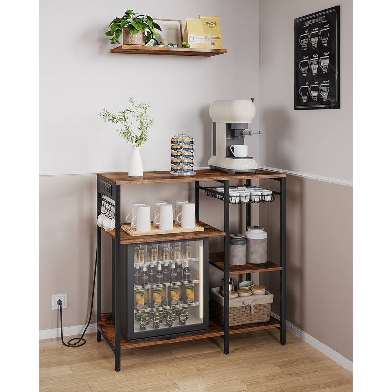 Steel Bakers Rack with Outlet Shelves and Basket with Charging Station - 15.7”D x 35.4”W x 35.6”H