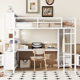 Full Size Loft Bed with Wardrobe, L-shaped Desk