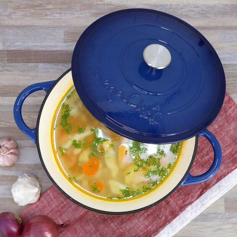 6.35 Quart Enameled Cast Iron Double Handle Dutch Oven Self Basting Lid in Deep Blue