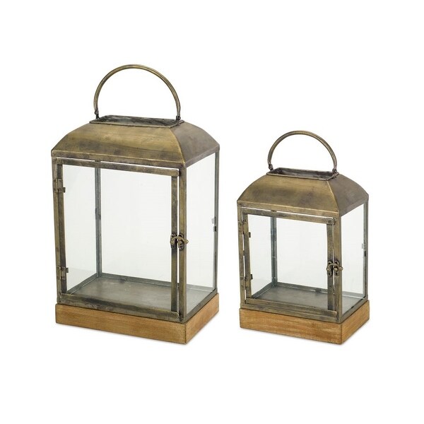 Set of 2 Bronze Brown Framed Decorative Floral Pillar Candle Lanterns 16.25" - N/A