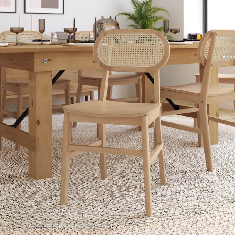 Woven Back Wood Framed Cane Rattan Chairs with Wood Seats - 2 Pack - Natural