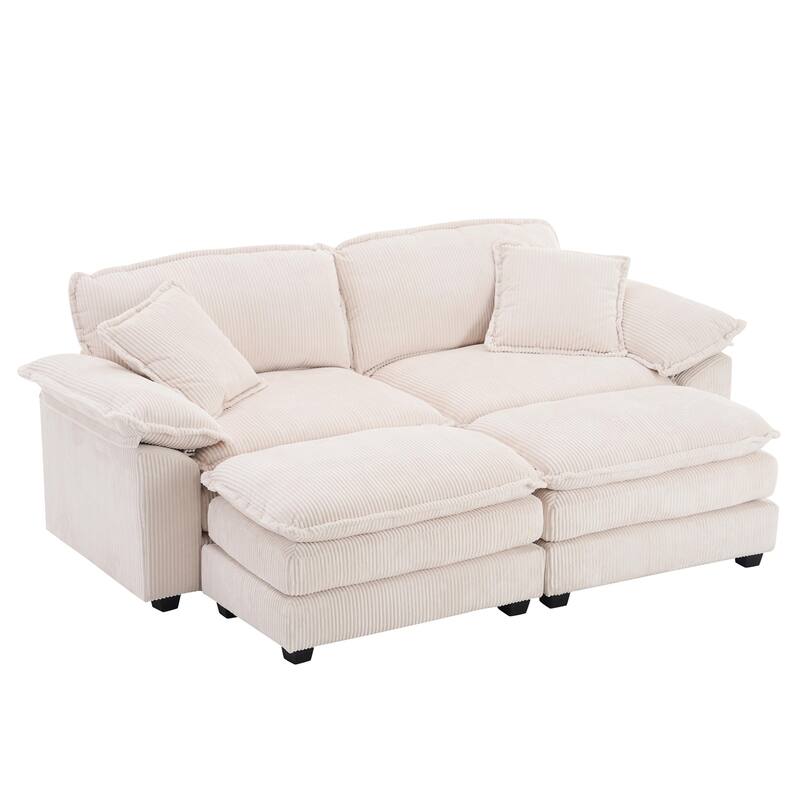 Modern 2-Seater Corduroy Sofa with 4 Support Pillows and 2 Ottomans