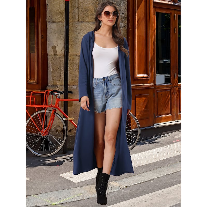Women's Zip Robe Hooded Long Sleeve Bathrobe Housecoat with Pockets - Navy Blue - S