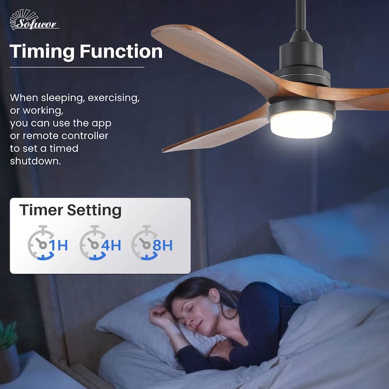52" Solid Wood Noiseless 3-Blade Ceiling Fans with Dimmable LED Light Optional and Remote, 6-Speed Reversible DC Motor