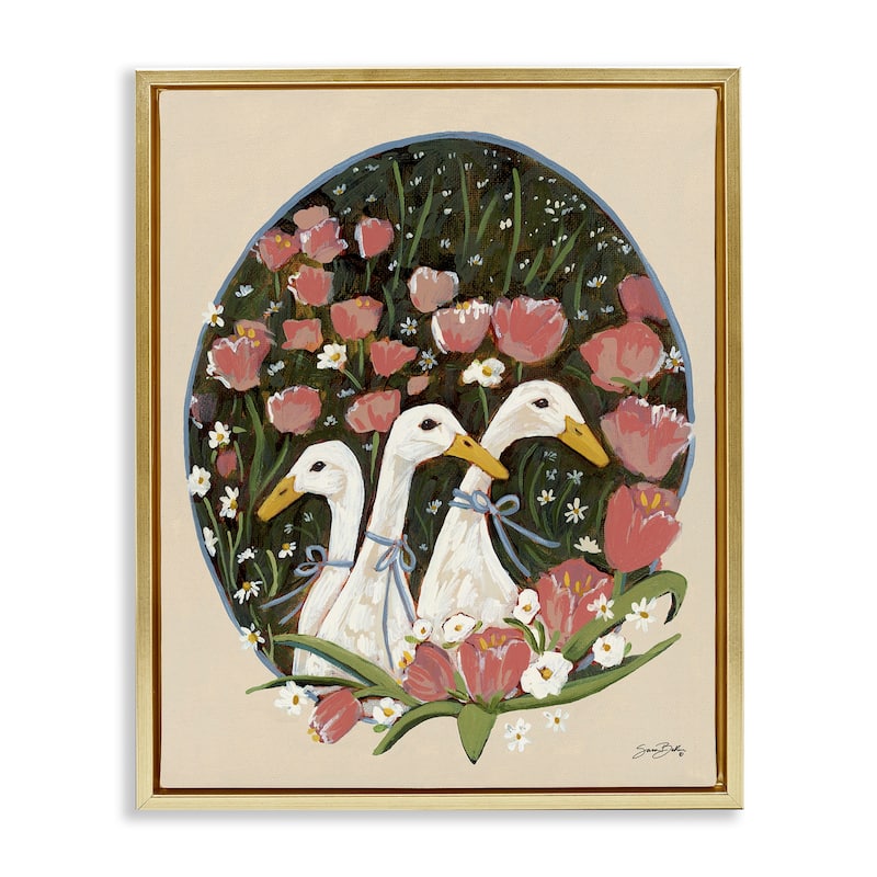 Stupell Ducks with Cottage Blooms Framed Floater Canvas Wall Art Design By Sara Baker - 25 x 31 - Gold