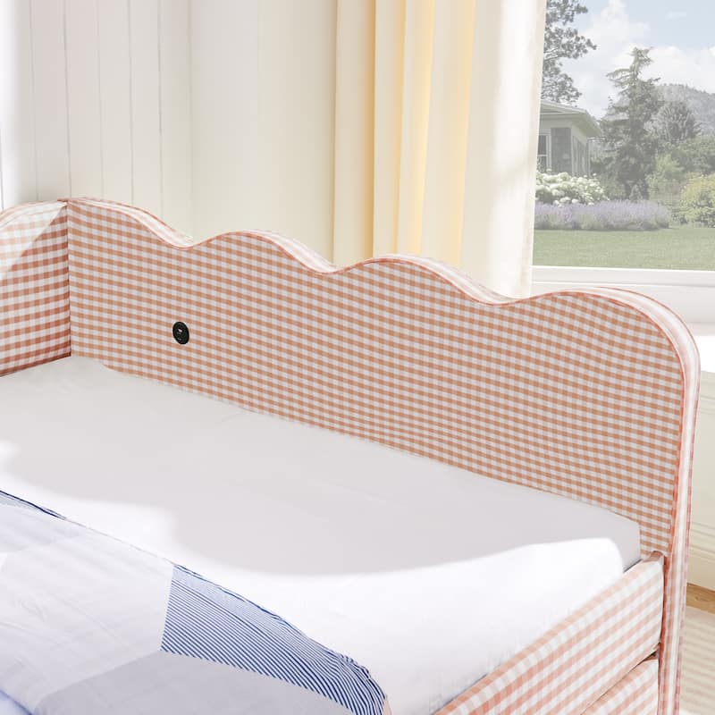 Full Size Gingham Daybed with Twin Trundle, USB Port, Wave Shaped Design & Linen Fabric - No Box Spring Needed