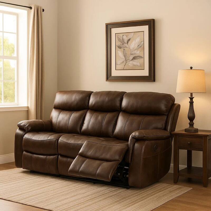 Runy Power Recliner Sofa, Pillowy Brown Top Grain Leather, 86 Inch