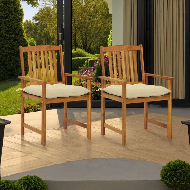 Blaire Outdoor Accent Chairs, Set of 2, Acacia Wood, Cream Cushions