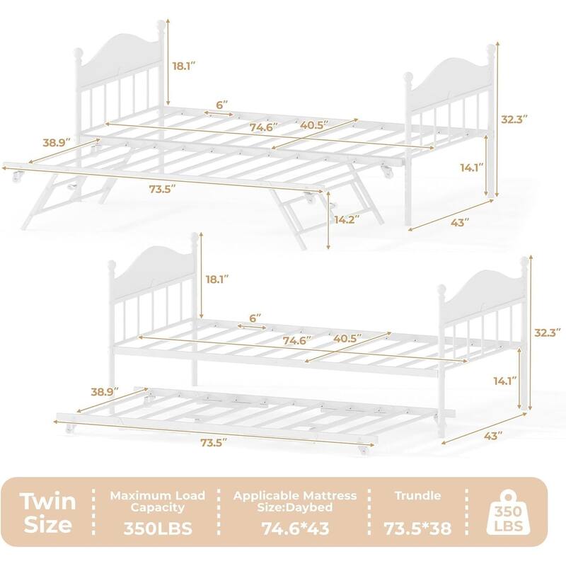 Space-Saving Twin Daybed, Platform Sofa Bed Frame with Foldable Trundle