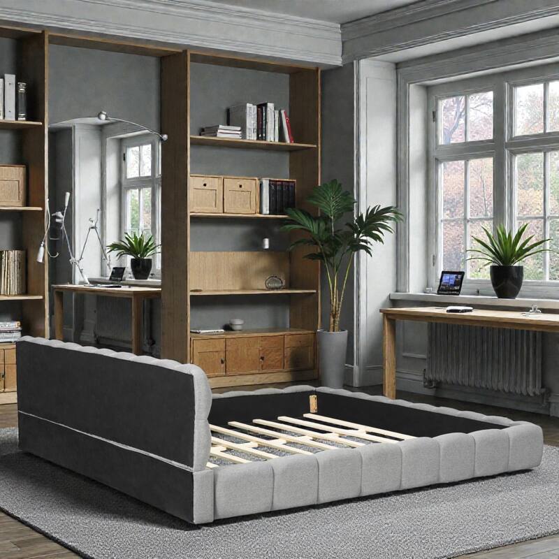 King Size Upholstered Platform Bed with Thick Linen Fabric, Low Profile Grounded Bed Frame, Solid Support