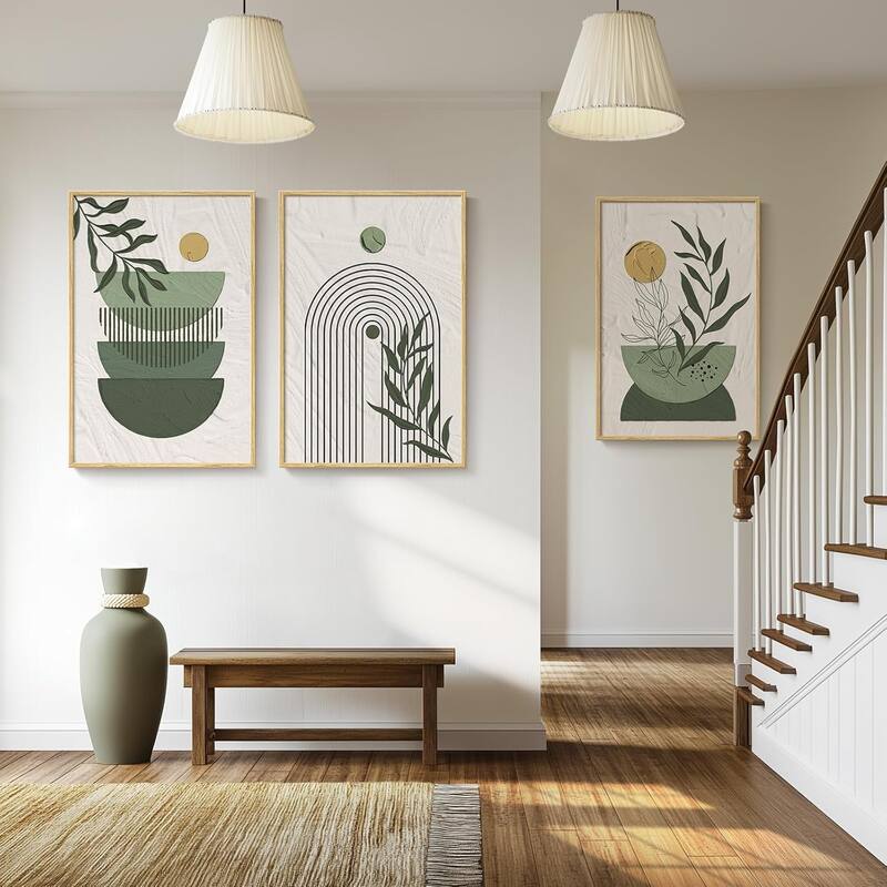 Framed Sage Green Large Boho Canvas Wall Art