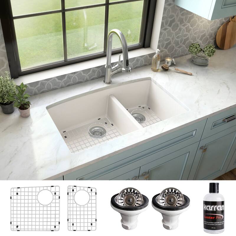Karran Undermount Quartz 32 in. 60/40 Double Bowl Kitchen Sink Kit