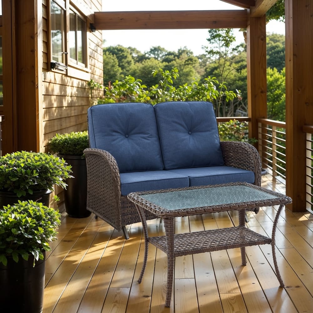 2 Pieces Outdoor Wicker Patio Glider Loveseat with Coffee Table