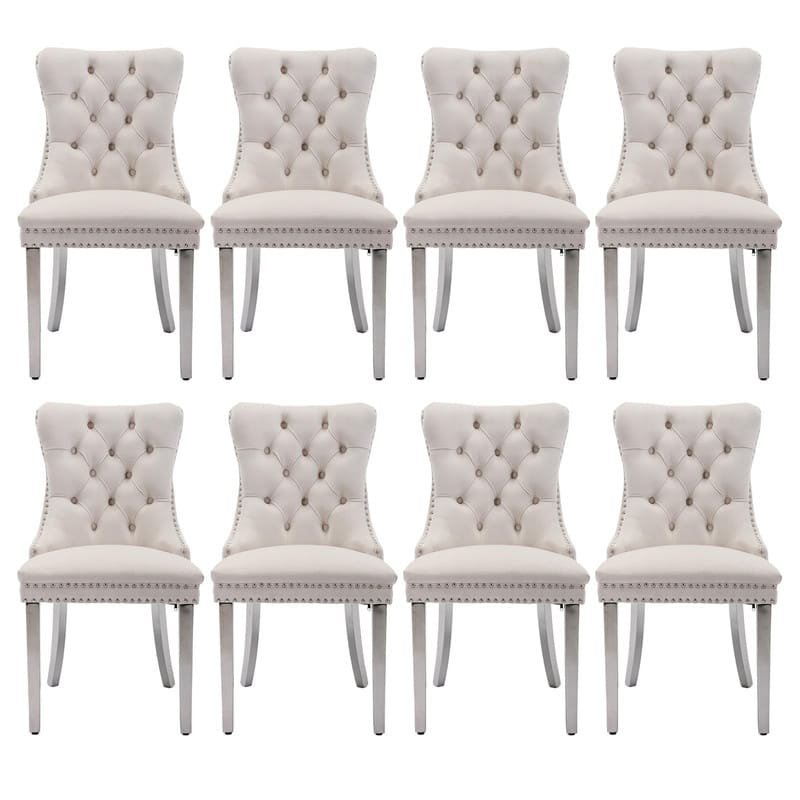 Tufted Naliheads Solid Wood Upholstered Dining Chairs (Set of 8) - Beige SliverLegs