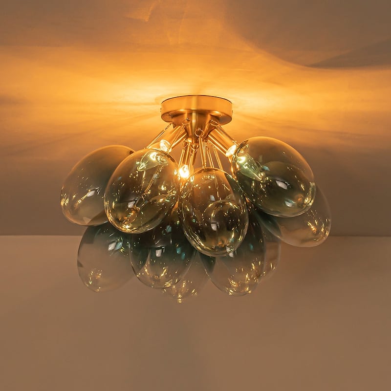 Cluster Blue Tinted Glass Globe Oval Bubble Semi Flush Chandelier
