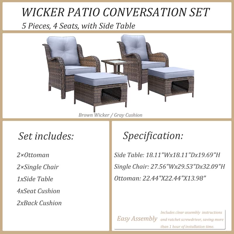5 Piece Outdoor Wicker Patio Conversation Chair with Ottoman Set