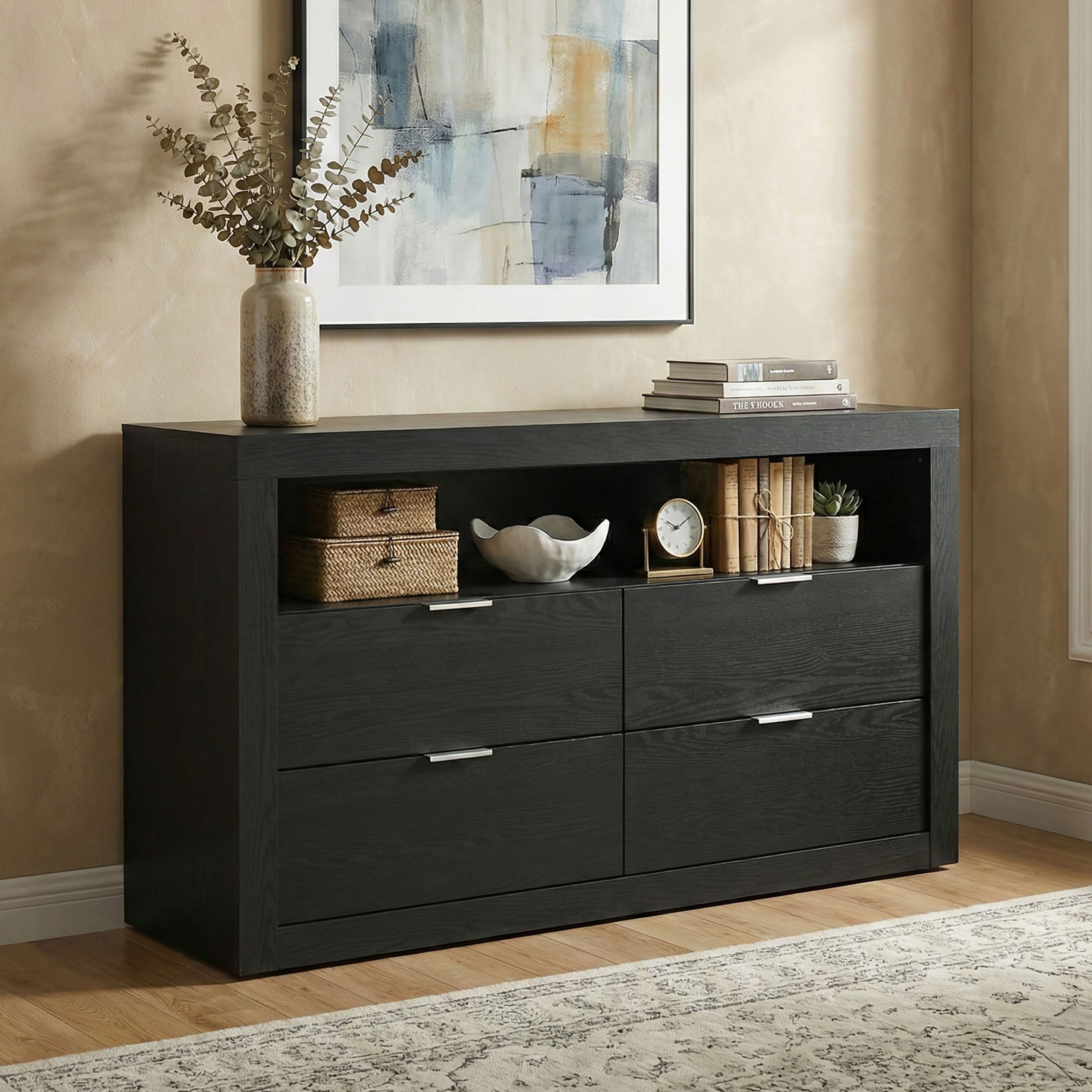Furniture of America Merro Modern Solid Wood 4-Drawer Dresser with Top Open Shelf