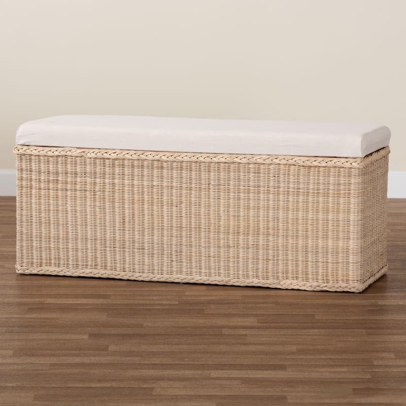 Barid Braided Natural Rattan Storage Bench with Lift-Top - Coastal Boho Chest for Bedroom or Living Room, Natural